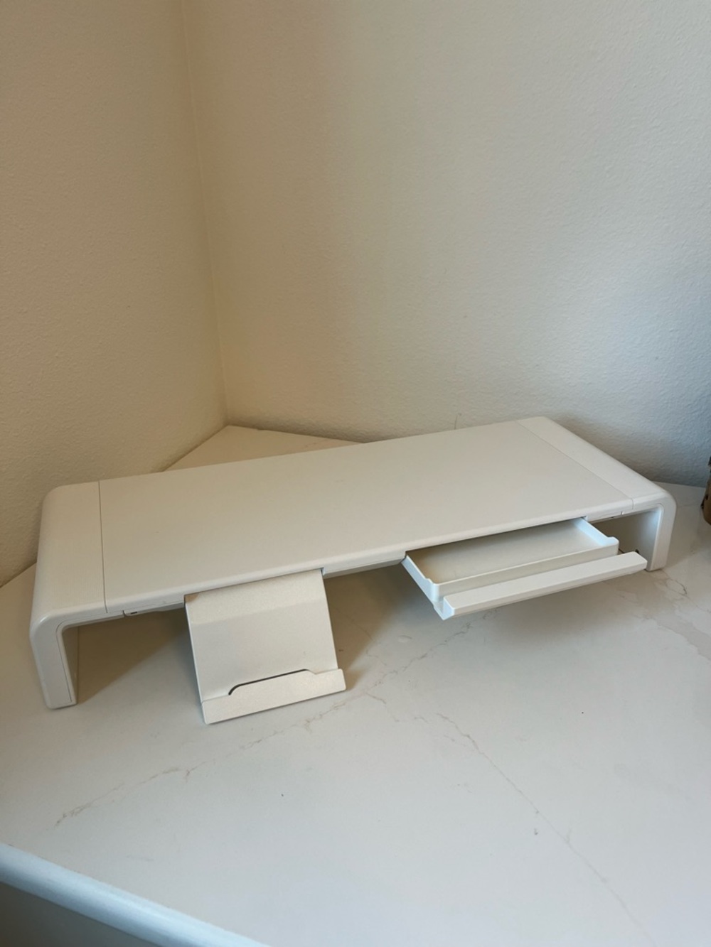 White Monitor Stand with Sliding Drawer